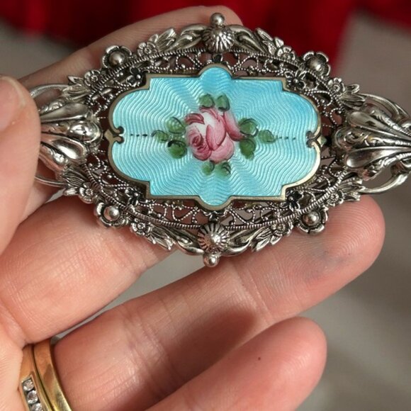 BLUE ENAMEL 1910 Elegant Silver and Blue Floral Brooch 💙 - Picture 5 of 6